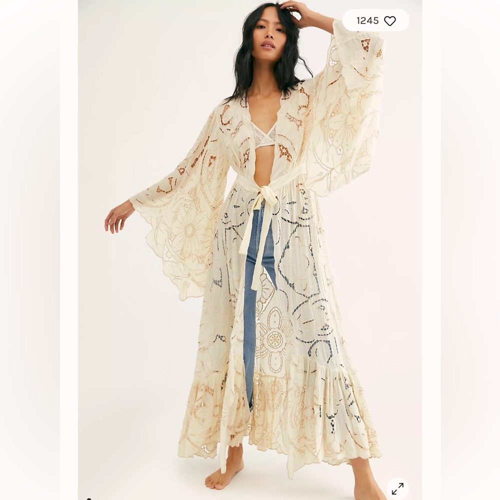 Free People Loveland Kimono Lace Cutwork Embroidered Duster S